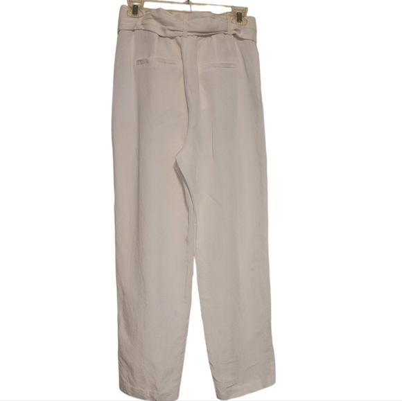 H&M White Linen Blend Straight Leg Front Pleated Cropped Belted Pants Sz 8 EUC - Picture 2 of 4